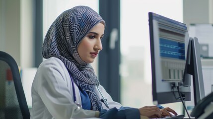 Female doctor in hijab reviewing medical record at computer in clinic - obrazy, fototapety, plakaty