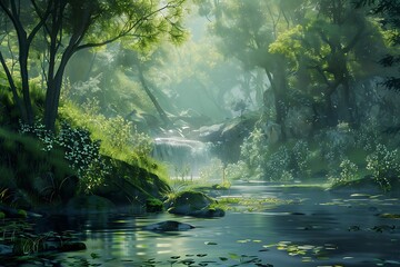 : A peaceful river flowing through a forest - obrazy, fototapety, plakaty