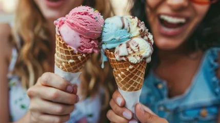 Gordijnen Close up friends eating ice cream cones © romanets_v