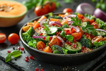 A vibrant salad with colorful vegetables in an elegant black pan