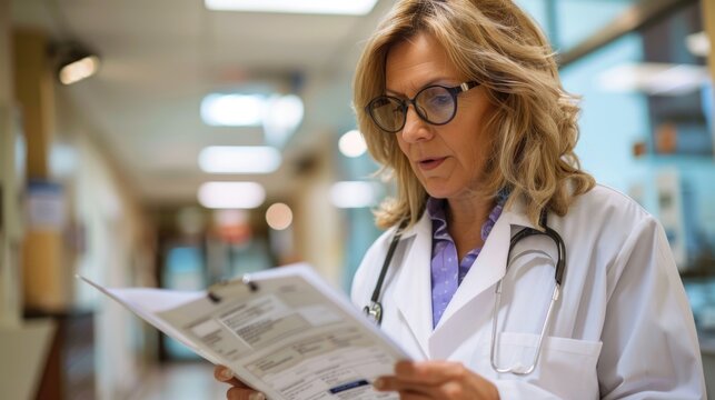 Mature Female Doctor Reviewing Medical Record In Doctor