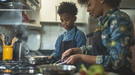 Fototapeta na wymiar African American mother and teenage son cooking at stove in kitchen