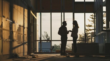Fototapeta premium silhouette of Homeowners and architects meeting at house under construction