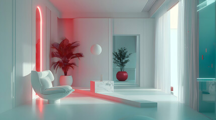 A pristine room punctuated by bursts of vivid crimson and teal, creating a dynamic and visually stimulating atmosphere within the clean white environment - obrazy, fototapety, plakaty