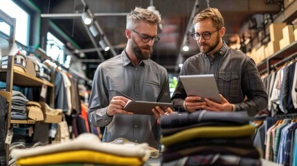 Male workers with digital tablet checking inventory in clothing store