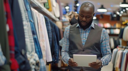 Male workers with digital tablet checking inventory in clothing store - obrazy, fototapety, plakaty