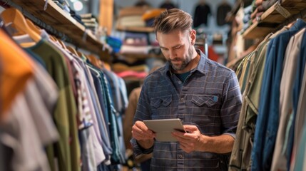 Male workers with digital tablet checking inventory in clothing store