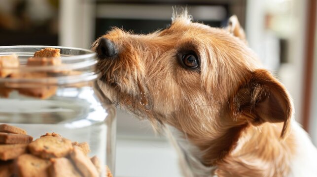 Dogs sniffing jar with biscuits