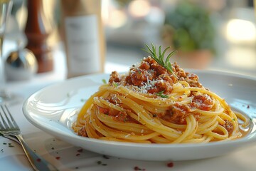 Photo of Bolognese pasta on a white plate, front view, with a package in the background