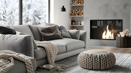 close-up image of a beige fabric sofa adorned with terra cotta pillows, set against the backdrop of a modern living room with boho-style interior design.	