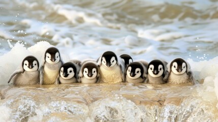 Fototapeta na wymiar A group of penguins atop a water body, beside a foamy wave and before another water expanse