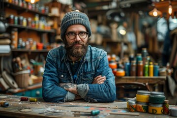 Bearded male artist with folded arms standing confidently in a creative workspace full of tools