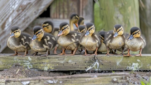  A picture of ducks on a plank in front of a barn