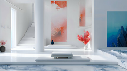 A pristine white room adorned with bursts of vibrant coral and indigo, infusing the minimalist space with a sense of artistic allure