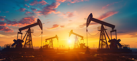 An oil and gas industry concept depicts oil pump jacks silhouetted against a stunning sunset sky background - obrazy, fototapety, plakaty