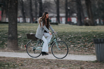 Elegant businesswoman with a bicycle in a city park, showcasing an eco-friendly commute and active lifestyle.