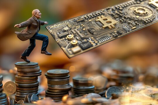 Miniatur Männchen springt auf Geld Münzen und Bitcoin, der Weg zur Digitalisierung des Geldes in Crypto ai generativ