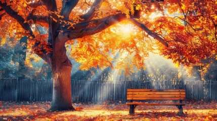  A sunlit park bench under yellow-leafed trees with leaves strewn about - obrazy, fototapety, plakaty