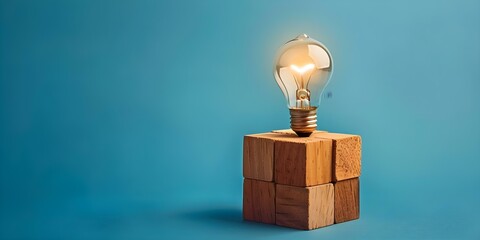 Generating New Business Ideas and Selecting Best Solutions: Teamwork and Brainstorming Session with Wooden Cube Light Bulb Icon on Blue Background. Concept Business Innovation, Team Collaboration - obrazy, fototapety, plakaty
