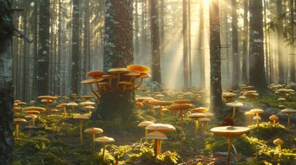  A cluster of fungi surrounded by woods, bathed in sunlight filtering from the foliage above - obrazy, fototapety, plakaty