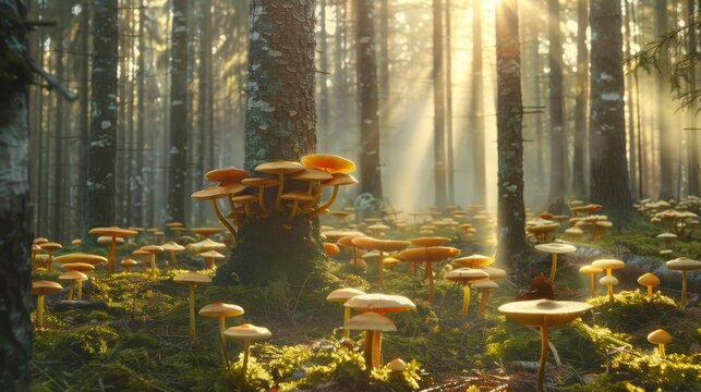  A cluster of fungi surrounded by woods, bathed in sunlight filtering from the foliage above