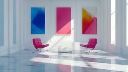 A serene white room accentuated by bursts of vibrant cobalt and fuchsia, creating a captivating fusion of simplicity and artistic vibrancy - obrazy, fototapety, plakaty