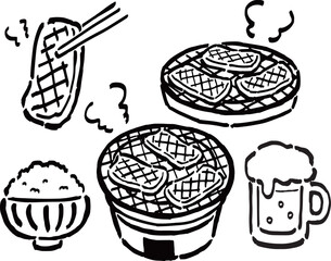 焼き肉（七輪・箸でつまむ）、山盛りご飯、ビールの手描きイラスト　単色線画セット