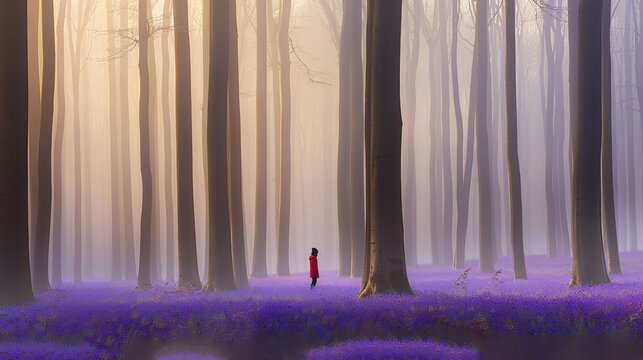  A person standing amidst a forest with purple flowers in the fg & fog in bg