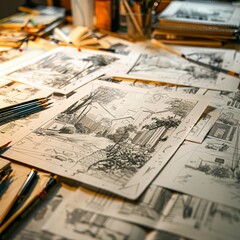 Storyboard sketches, closeup, vibrant details for a preproduction background , close-up