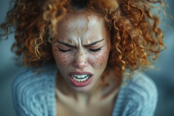 Strong emotion is captured in this shot of a woman with tears in her eyes and freckles