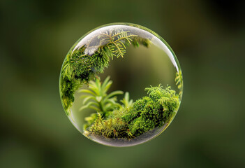 A glass sphere with green plants inside it. Concept of growth and life, as the plants are thriving and flourishing within the glass sphere