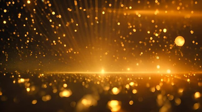 Gold particles abstract background with shining golden floor particle stars dust Futuristic glittering fly movement flickering loop in space on black background