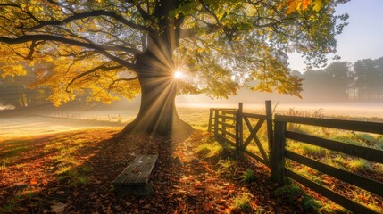  The sun illuminates trees on a foggy day, surrounded by a field, wooden fence, and bench
