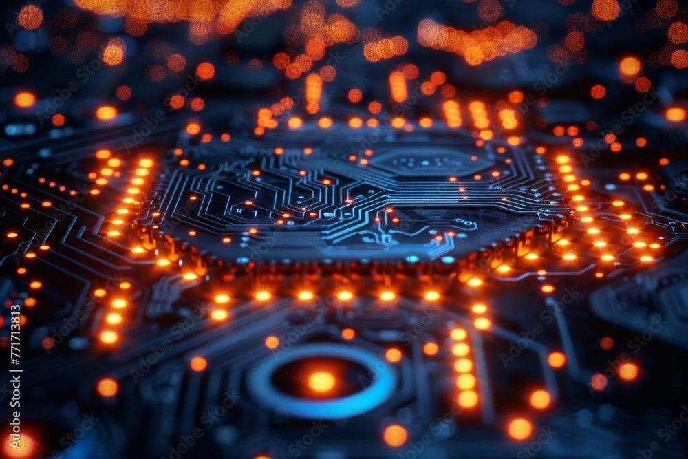 Poster close-up of central processing unit on a motherboard with neon circuit lines showing data flow and c