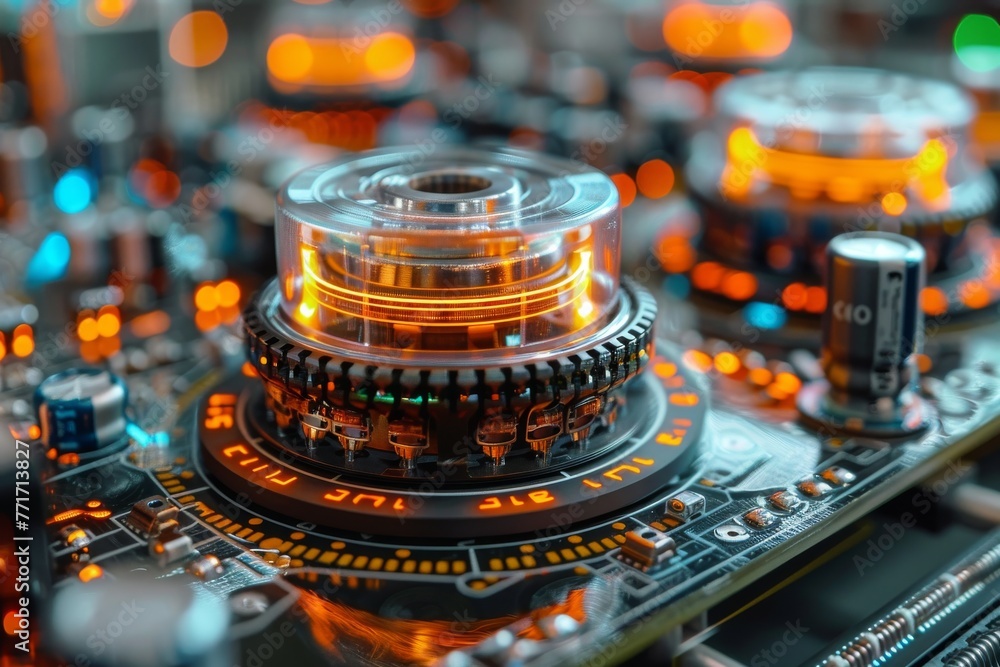Poster dynamic image of an electronic mechanism that appears to be rotating, set on a circuit board with vi
