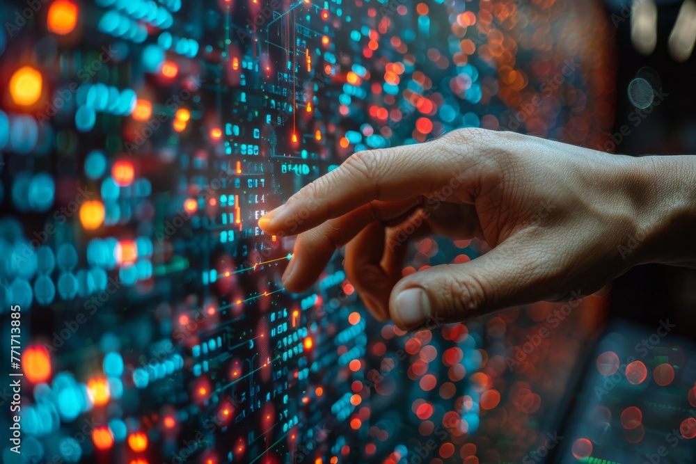 Poster a hand interacts with advanced digital interface showing complex data representations, symbolizing h