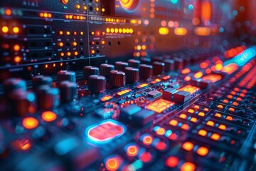 Close-up of high-tech mixing console in a dimly lit sound studio, with glowing neon buttons signaling active sound channels - obrazy, fototapety, plakaty