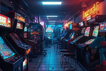 : A retro gaming arcade, with bright neon lights contrasting against a dark, dimly lit interior,
