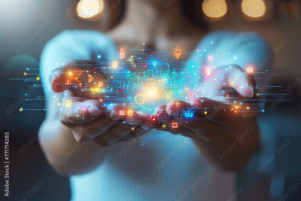 Poster an abstract representation of person's hands holding data flow and digital elements symbolizing conn