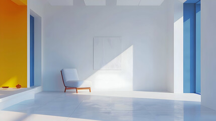 A serene white room punctuated by bursts of vibrant indigo and marigold, creating a dynamic and visually stimulating atmosphere within the minimalist space - obrazy, fototapety, plakaty