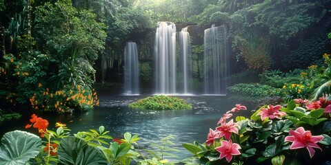 A waterfall cascades through a vibrant green forest in this natural landscape scene - obrazy, fototapety, plakaty