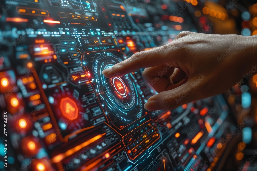 Poster a neon-drenched touch panel interface with glowing red and blue elements symbolizing advanced techno