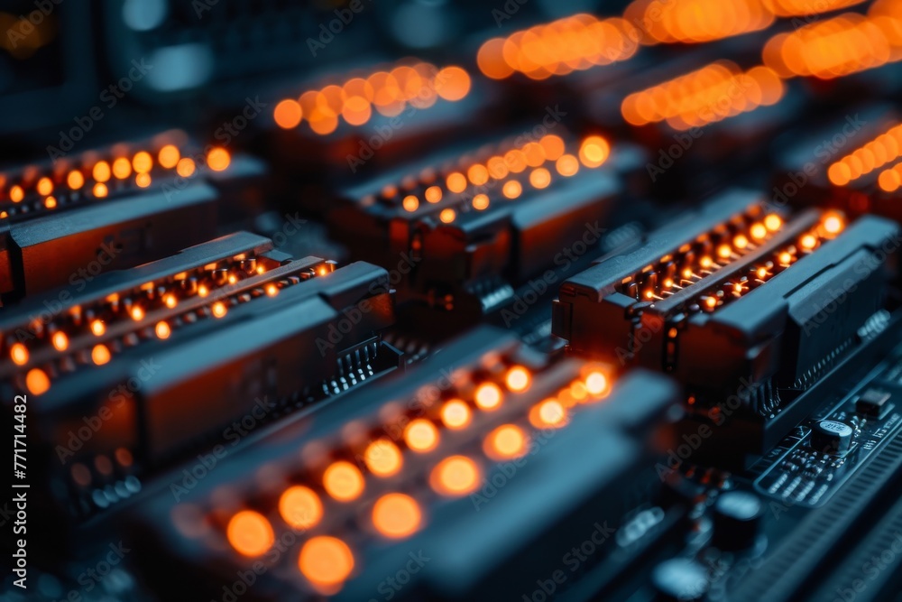 Poster a vivid image capturing the complexity of a circuit board with a warm, orange glow that highlights i