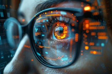 A close-up of a human eye reflecting complex digital graphics symbolizing vision, perception, and modern digital interface technology