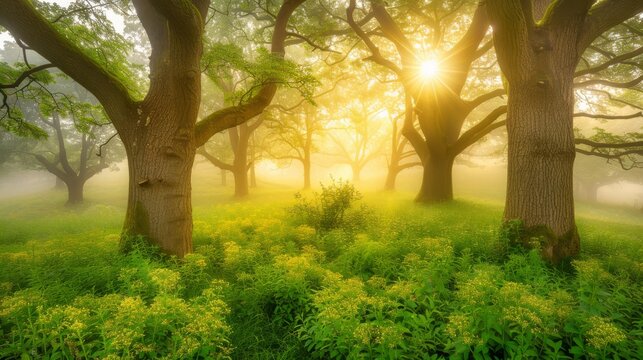  The sun shines through trees, on foggy days, in green fields filled with wildflowers
