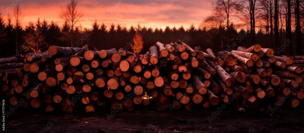 Poster a collection of logs laying in a field under a sunset, surrounded by a natural landscape with flower