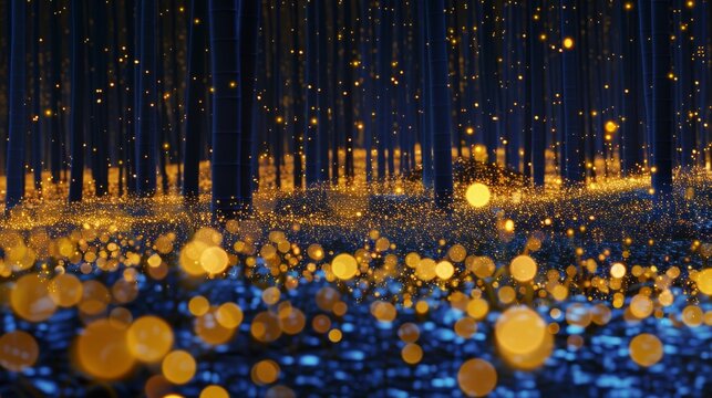   a forest at night, illuminated by yellow lights and dotted with glittering reflections on the ground and surrounding trees