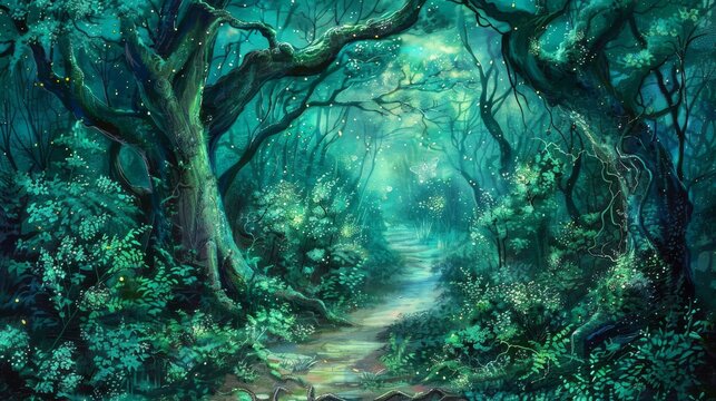  A forest path painting with many trees and bushes on both sides is a stream