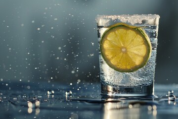 tequila shot with lime slice and salt on table