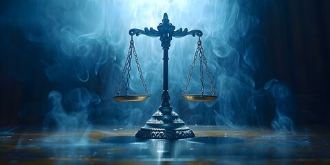 Symbol of Justice: Scales in a dim courtroom representing equality and the law. Concept Justice, Law, Scales, Courtroom, Symbol - obrazy, fototapety, plakaty